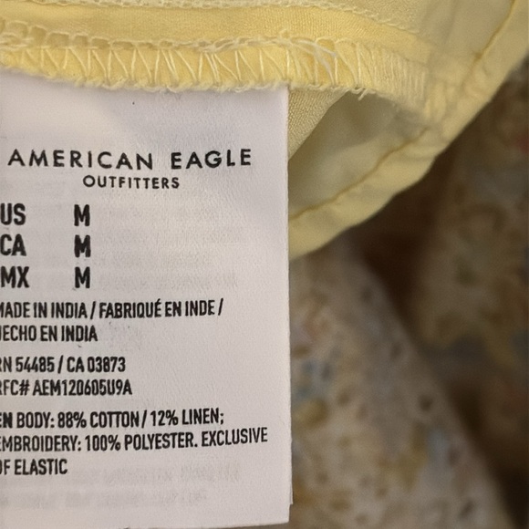 American Eagle Cotton Linen Yellow Deep V-Neck Mini Dress Lace Floral Medium - Picture 8 of 8
